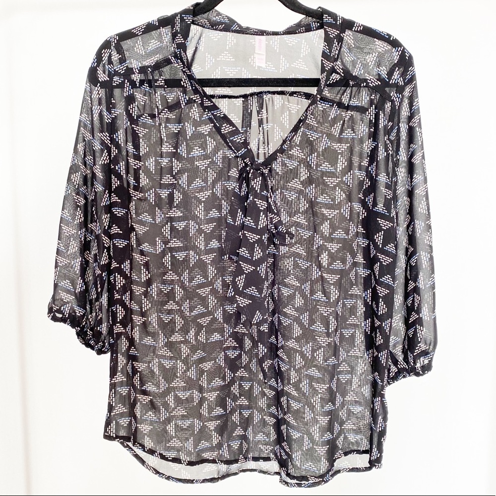 Xhilaration Black Sheer Geometric Tie-Neck Blouse Medium